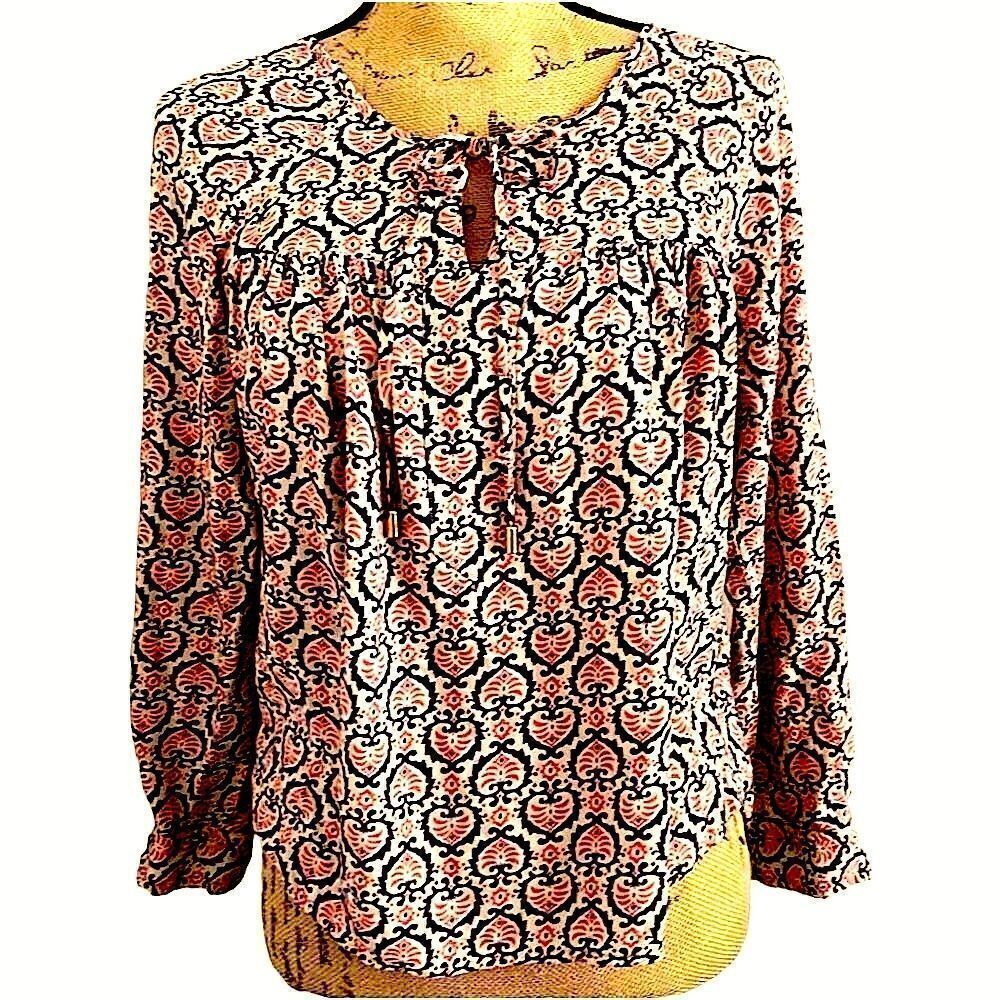 EUC! Kenar Boho Long Sleeve Tie Front Printed Top - Size Small